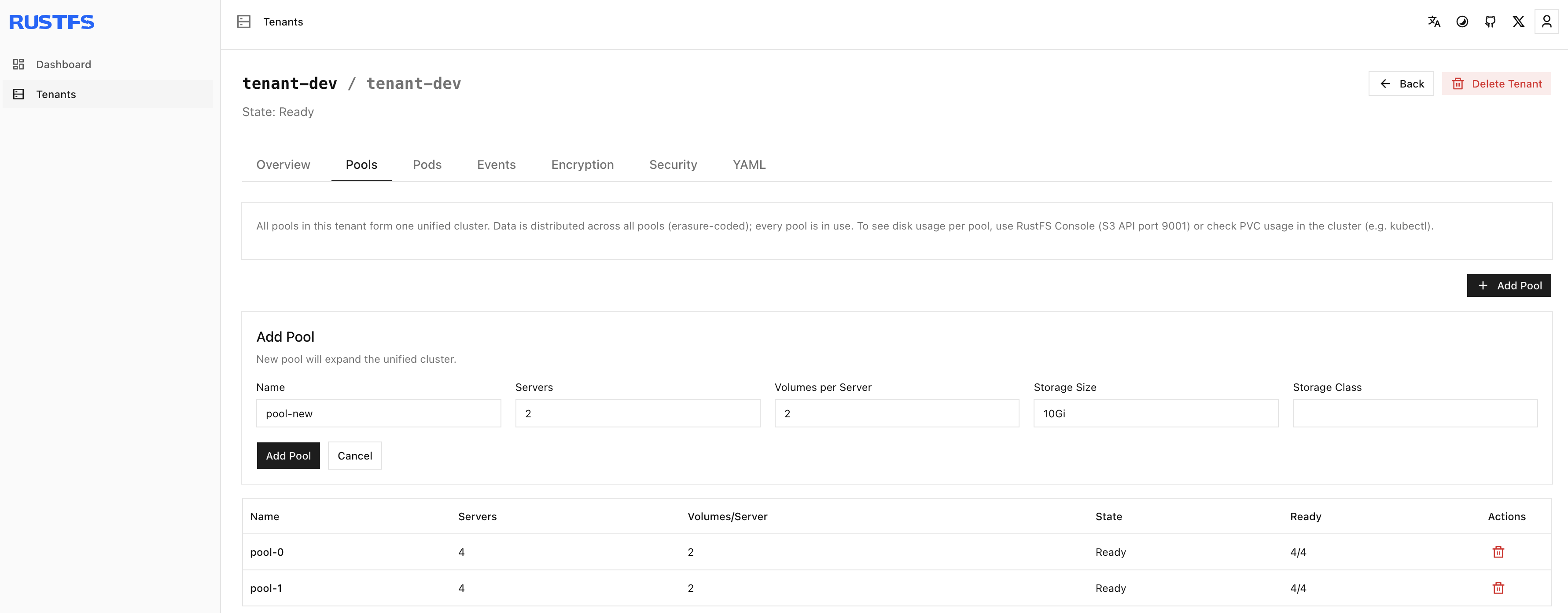 Add Pool dialog for tenant-dev, set to four servers and two volumes per server