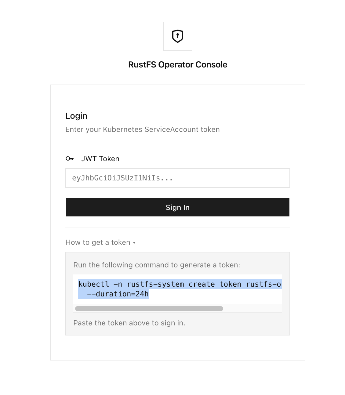 Operator console login page asking for a Kubernetes ServiceAccount token