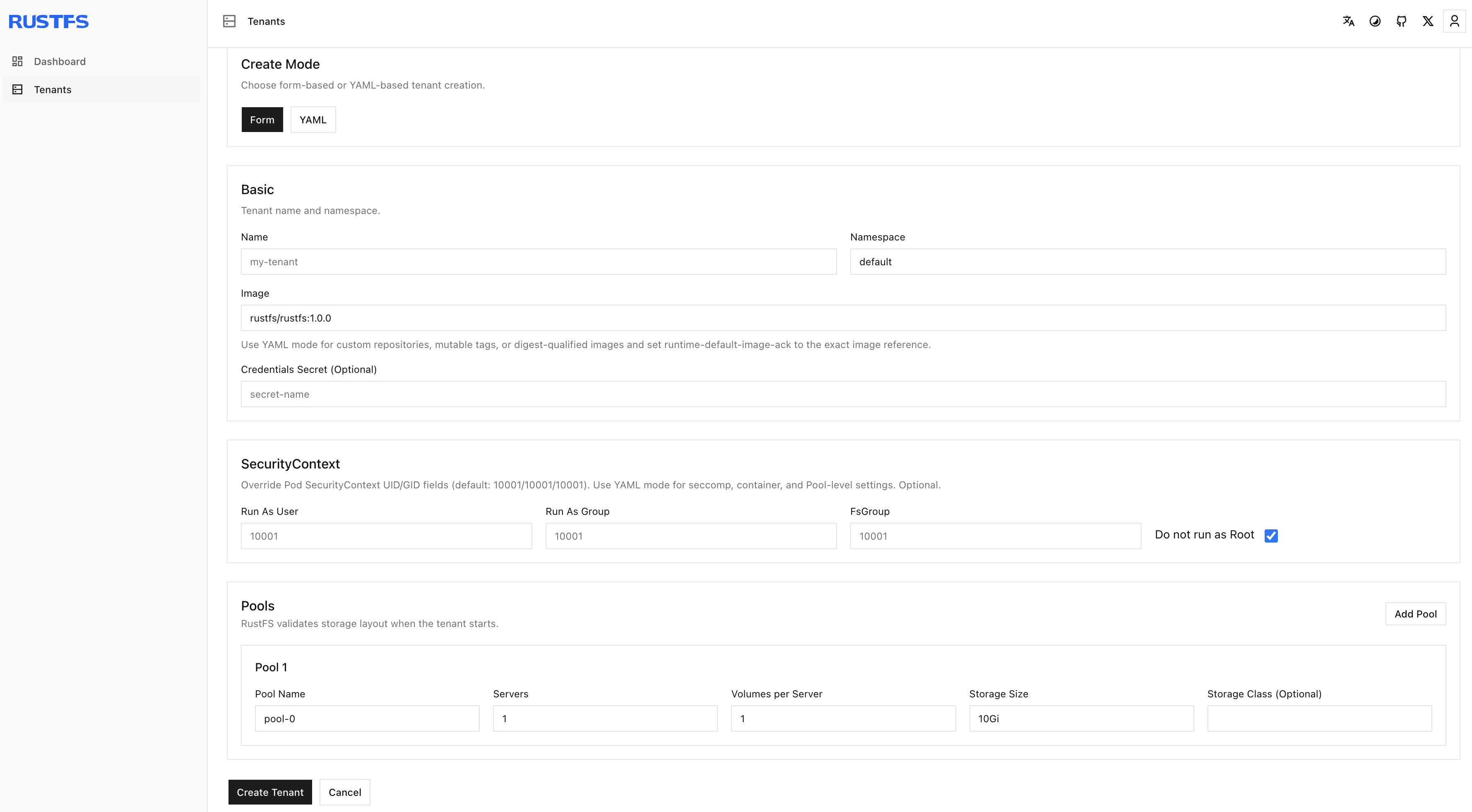 Create Tenant form with name, namespace, image, credentials Secret, and a pool of four servers