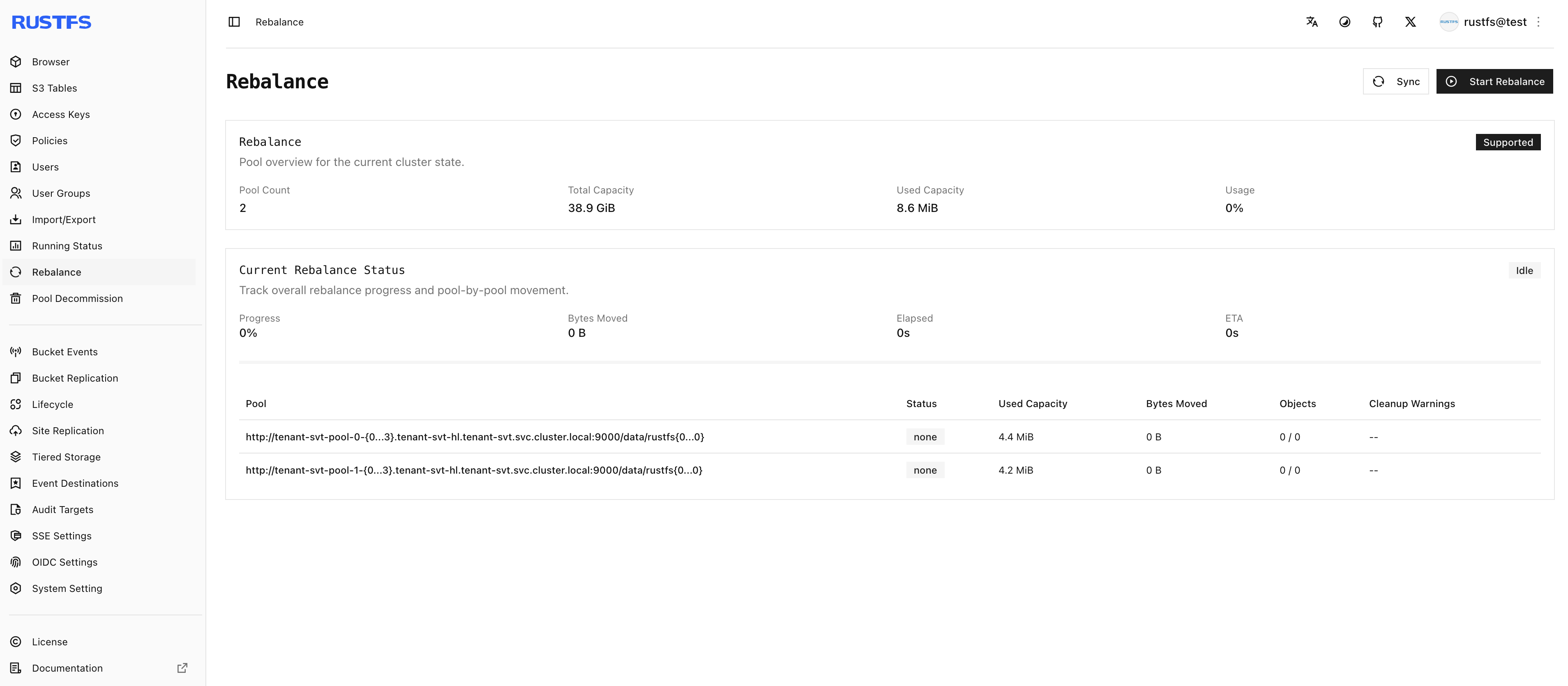 RustFS console pool management page showing the expanded Tenant pools