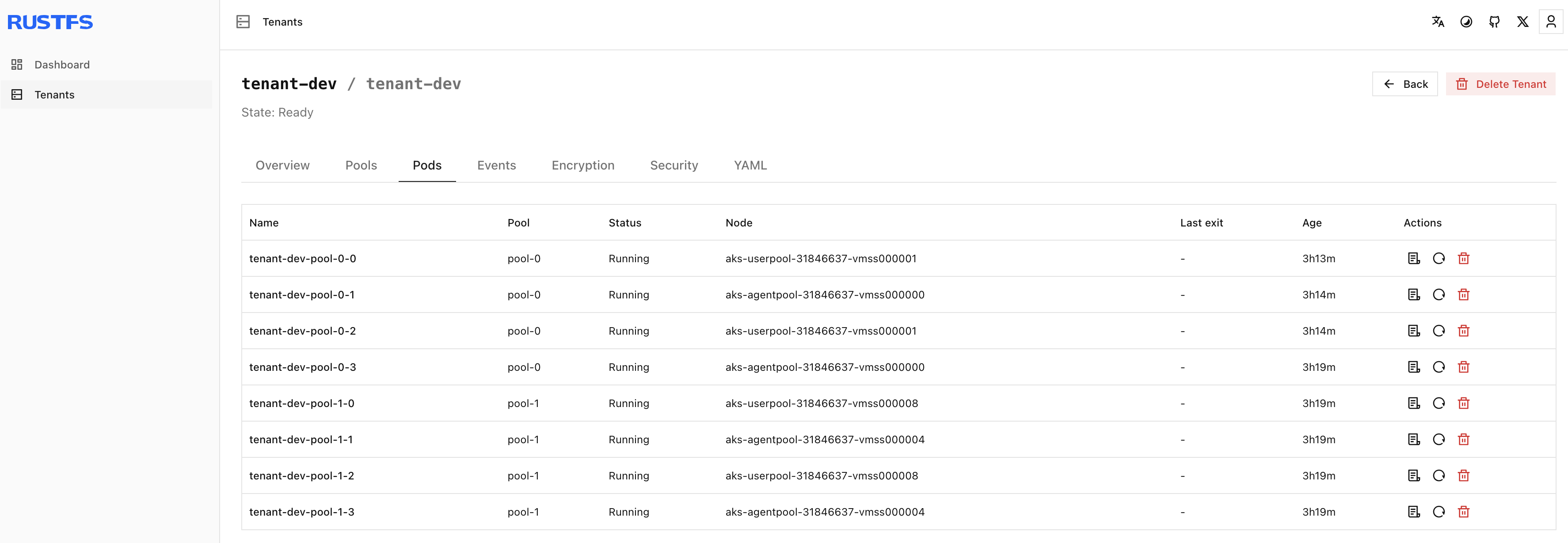 tenant-dev shown as ready, with its pool, endpoint, and capacity