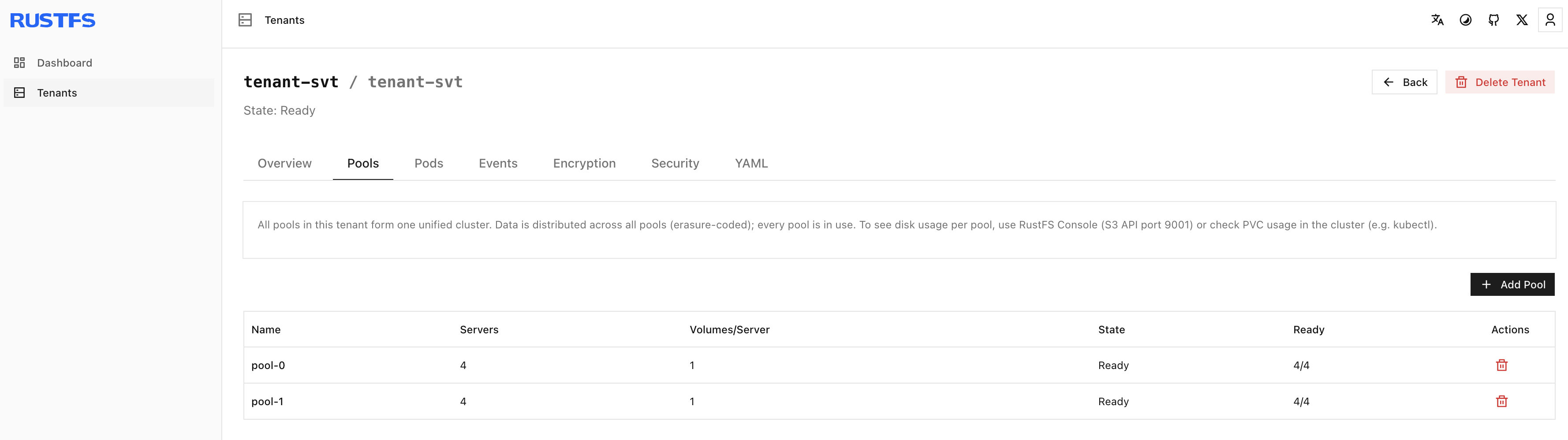 tenant-svt pools page after the Helm upgrade, listing pool-0 and pool-1