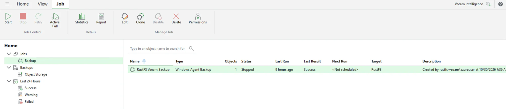 Windows Agent backup job with Last Result Success and target RustFS