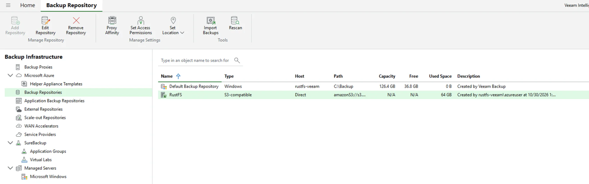 RustFS repository added: S3-compatible, Direct, 64 GB used space