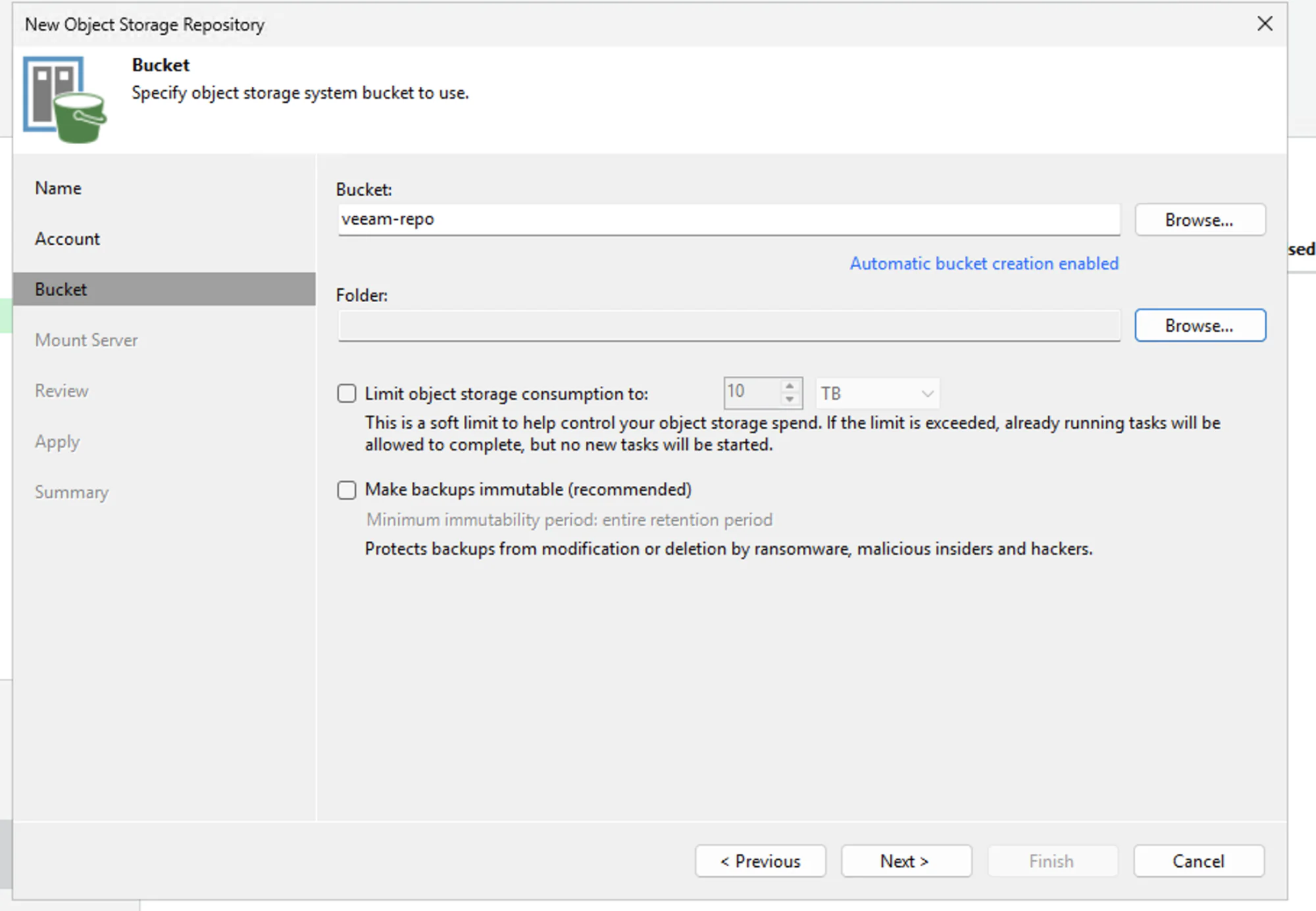VBR repository wizard: veeam-repo selected, Folder empty, immutable backups unchecked