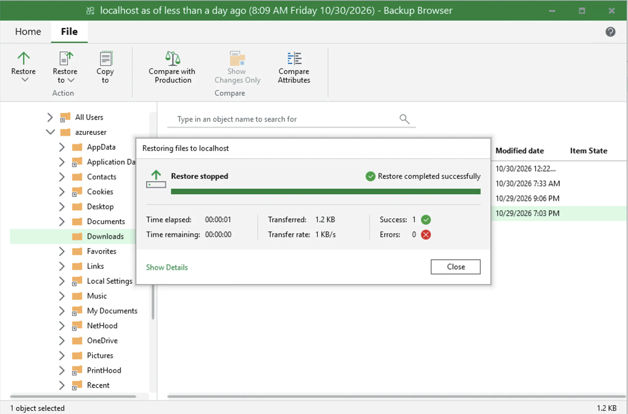 File-level restore from the RustFS-backed backup: Success 1, Errors 0, 1.2 KB transferred
